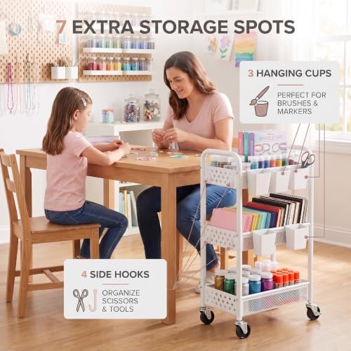 3 Tier Heavy Duty Metal Rolling Storage Cart Organizer with Wheels, White - Image 6