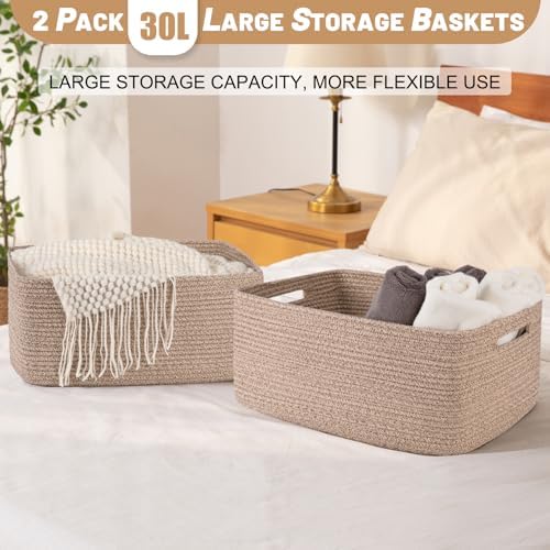 OIASKET Large Storage Basket for Organizing, Woven Rope Basket for Shelves, Closet Organizer Bins for Clothes, Blanket, Toys, Baby Nursery Storage, 17.7" x 13" x 7.87", 2 Packs Brown - Image 5