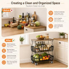 Fruit and Vegetable Storage, 2 Pack 3 Tier Fruit Basket with Wooden Top Table Kitchen Pantry Storage Bins and Organizers, Stackable Metal Rolling Cart for Vegetable Snacks Drinks Onion Organization - Image 6