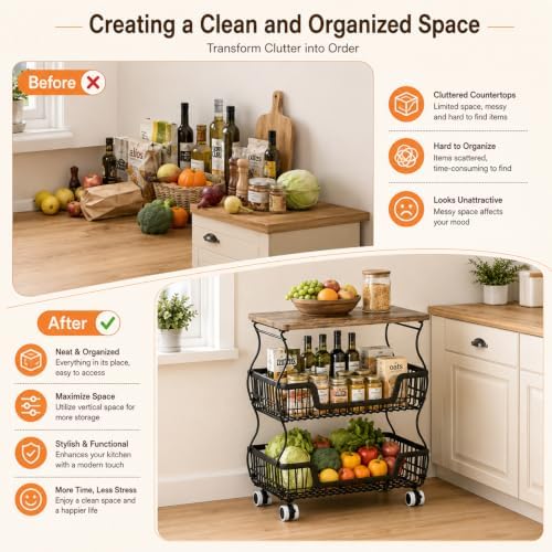 Fruit and Vegetable Storage, 2 Pack 3 Tier Fruit Basket with Wooden Top Table Kitchen Pantry Storage Bins and Organizers, Stackable Metal Rolling Cart for Vegetable Snacks Drinks Onion Organization - Image 6