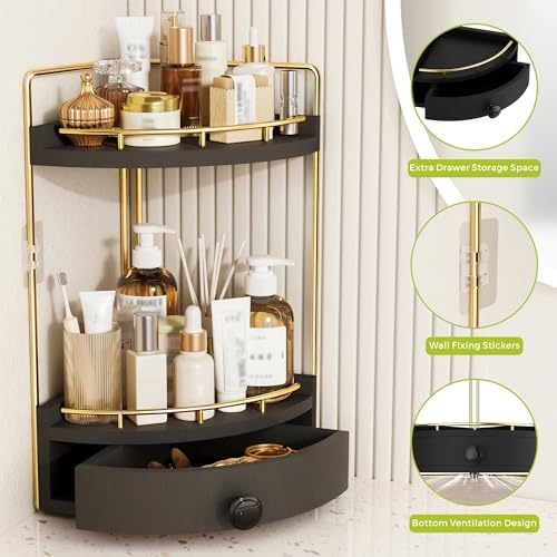 2-Tier Corner Bathroom Counter Organizer with Drawer, Black Gold - Image 4