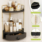 2-Tier Corner Bathroom Counter Organizer with Drawer, Black Gold - Image 4