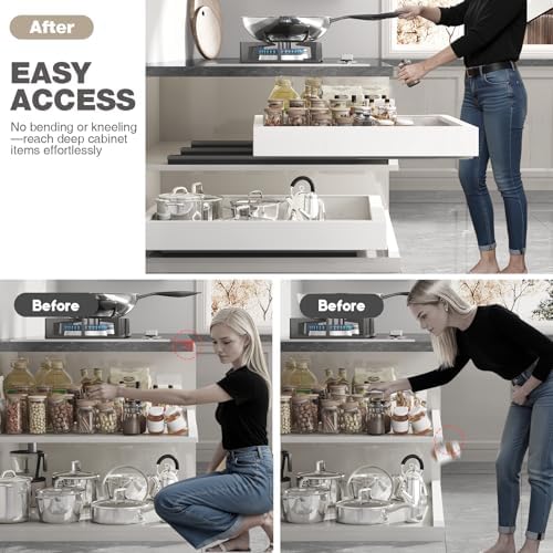 Seinloes 2 Pack Pull Out Cabinet Organizer 24" Deep,Full Extension 3 Slide Rails Slide Out Drawers With Raising Pad for Framed Cabinets,Expandable Width (12.3"-20.5"),No Drill Roll Out Shelf,White - Image 5