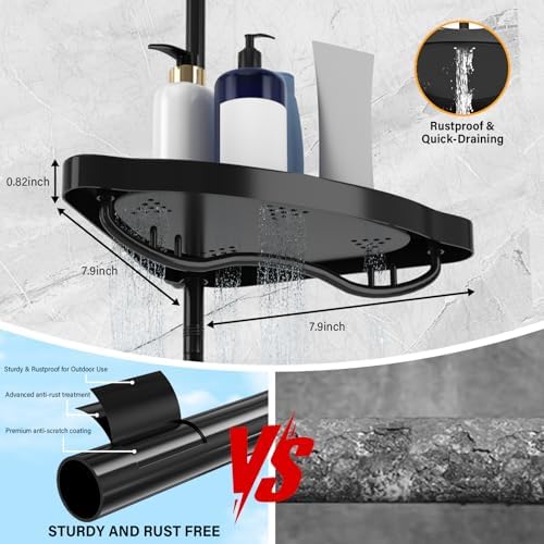 Black Corner Shower Caddy Tension Pole - Heavy Duty Rustproof Stainless Steel Shower Organizer with 4 Adjustable Shelves, No-Drill Free Standing for Bathroom, Bathtub, RV,54" to 114" Tall - Image 5