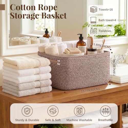 OIASKET 4Packs Natural Cotton Rope Storage Baskets for Organizing Toys, Clothes, Towels & Books, Soft Versatile Organizers for Shelves, Home Decorative Bins, 15.7''Lx11.8''Wx7.8''H, Linen Brown - Image 2