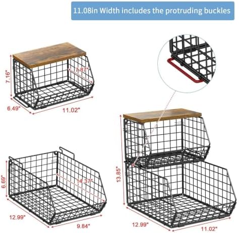 Potato and Onion Storage Bin with Wooden Top, 2-Tier Stackable Wire Basket - Image 4