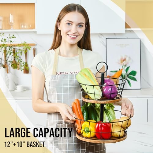 WILDMOS 2 Tier Fruit Bowl - Sturdy Iron Wire Fruit Basket with Real Wood Base, 12 Inch Large Fruit Basket for Kitchen Counter, Anti-Slip Silicone Pads, 2 Tier Fruit and Vegetable Storage Solution - Image 2