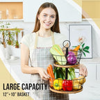 WILDMOS 2 Tier Fruit Bowl - Sturdy Iron Wire Fruit Basket with Real Wood Base, 12 Inch Large Fruit Basket for Kitchen Counter, Anti-Slip Silicone Pads, 2 Tier Fruit and Vegetable Storage Solution - Image 2