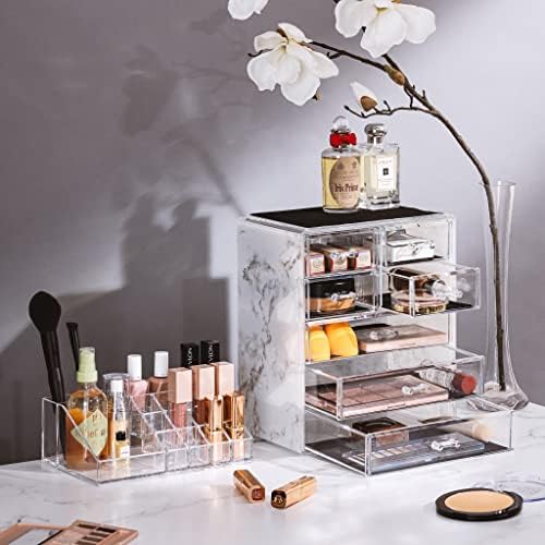 Sorbus Makeup Organizer, 7-Drawer Acrylic 2-Piece Set (Marble Print) - Image 2