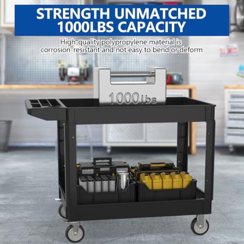 2 Tier Plastic Rolling Cart Utility Cart on Wheels, Heavy Duty Tool Carts with Ergonomic Storage Handle and Deep Shelfs, Work Cart Service Carts for Garage, Warehouse, Workshop, Office, Cleaning - Image 6