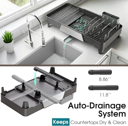 Large Expandable Dish Drying Rack, Dish Racks for Kitchen Counter, Space Saving & Rust Resistant Dish Drainer with Removable Drainboard & Utensil Holder, Adjustable Length 16.4 to 24.4 Inches - Image 6