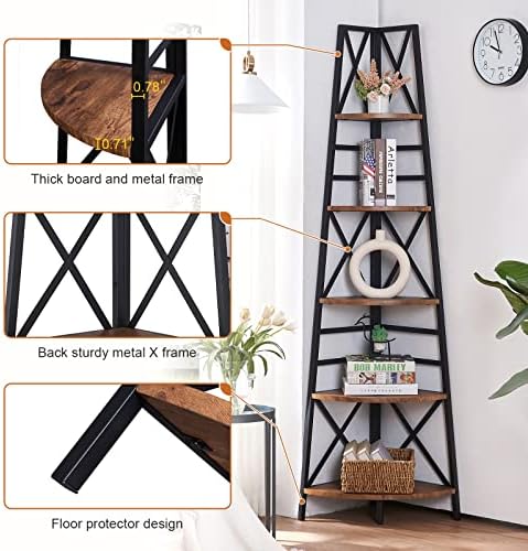 HOMBAZAAR 5 Tier Corner Shelf,72 Inch Tall Corner Bookshelf,Rustic Brown - Image 5