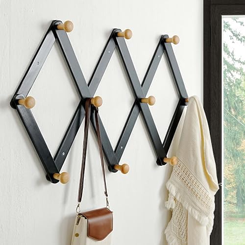 Dseap Expandable Coat Rack (Larger Version) - 24” High, Anti-Slip, Ultra Heavy Duty Wooden Accordian Wall Hanger with 10 Study Peg Hooks for Clothing Hats Jackets Bags, Black/Natural - Image 4