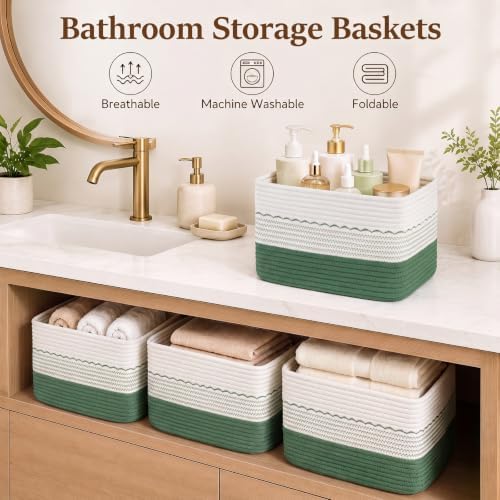 OIASKET 4 Pack Storage Baskets for Organizing, 13"X9"X7.87", Decorative Cotton Rope Baskets for Shelves, Small Woven Basket for Toys, Books and Towels, Green & White - Image 5