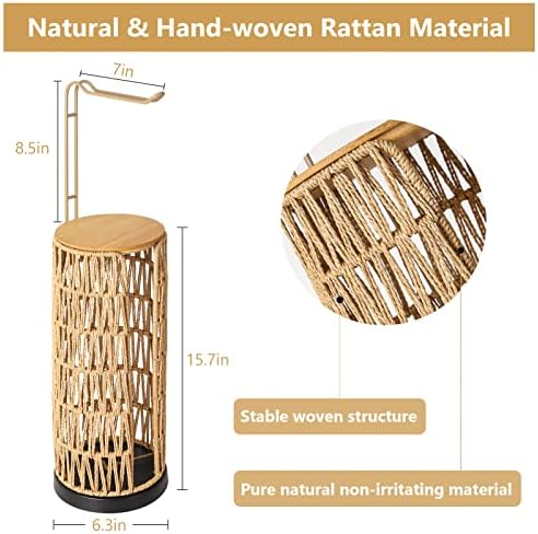 Freestanding Toilet Paper Holder with Storage,3 Rolls of Tissue Holder for Bathroom,Handmade Woven Toilet Paper Roll Holder Stand,Rattan Sturdy Boho Bathroom Decor Farmhouse Toilet Paper Storage - Image 2