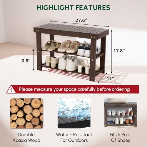 BEEFURNI Acacia Wooden Shoe Rack Bench for Entryway, 3-Tier, Brown - Image 3