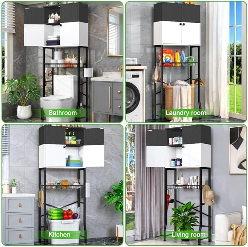 Over-The-Toilet Storage Rack, 4-Tier Bathroom Organizer Shelf Over Toilet with Barn Doors Cabinet and Basket, Freestanding Space Saver Bathroom Shelves with Paper Holder Above Toilet (Black & White) - Image 6