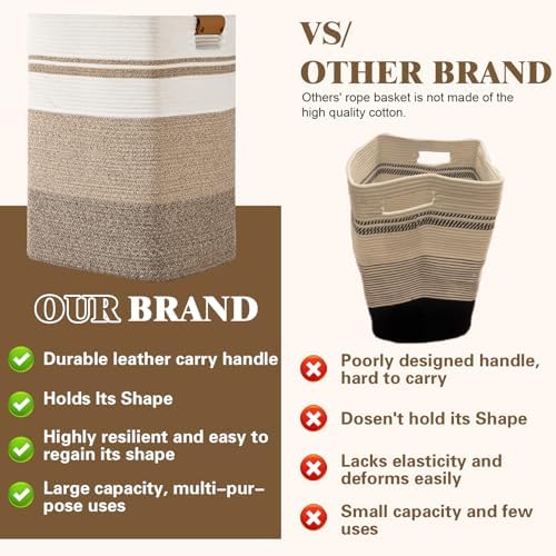 Laundry Hamper, 95L Tall Laundry Basket with Leather Handles, Rectangle Large Clothes Hamper for Organizing, Cotton Woven Laundry Baskets Storage Hampers for Bedroom, Nursery, Living Room - Image 4