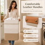 Laundry Hamper, Cotton Rope Laundry Basket with Leather Handles, 22.5-Gallon/85 L Large Clothes Hampers for Laundry, Woven Laundry Baskets for Blankets, Clothing, Bedroom, Living Room, Nursery - Image 2