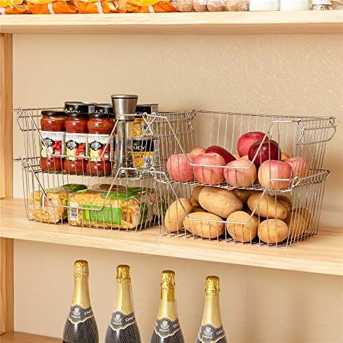 Stackable Wire Metal Baskets Fruit Vegetable Organization Pantry Cabinet Metal Bin Large Basket Shelves Storage for Kitchen Freezer, Set of 2 - Image 7