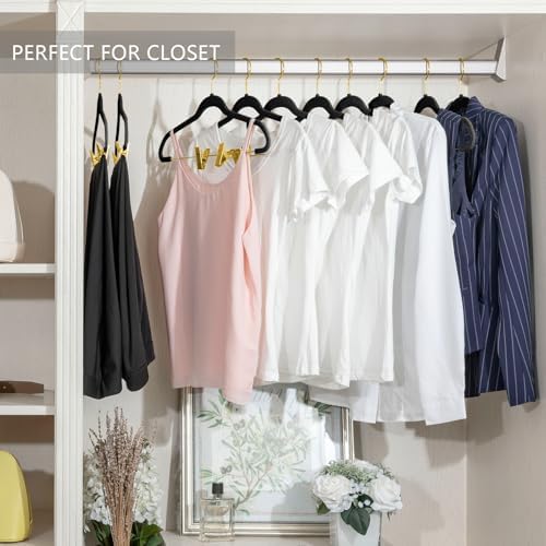 MIZGI Premium Velvet Pants Hangers with Adjustable Clips (Pack of 20) Slim Skirt Hangers- Non Slip Felt Outfit Dress Hangers Black - Gold Hooks,Space Saving Shirt Clothes Hangers - Image 5