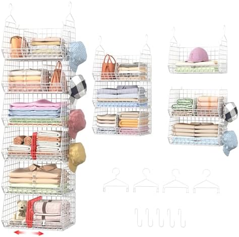 Jautokerdar 6 Tier Extra Large Hanging Closet Organizer, Closet Storage Hanging with Dividers, Wire Closet Shelf with 5 S Hooks 4 Dividers,Sweater Handbag Hat Accessory Storage Hanger,White by Jautokerdar