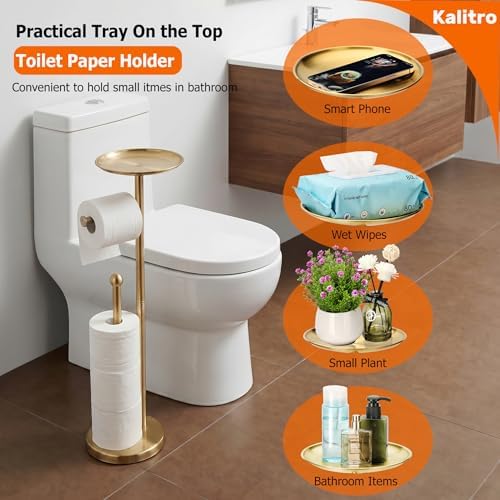 Kalitro Toilet Paper Holder Freestanding with Big Shelf, 4 Rolls Reserve Paper Holder Stand, Modern Paper Roll Holder with Storage Space for Phones (Gold) - Image 3
