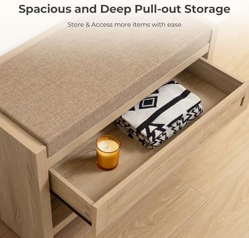 SICOTAS Rattan Shoe Bench Entryway Bench with Storage Drawer, Linen Cushion - Image 4