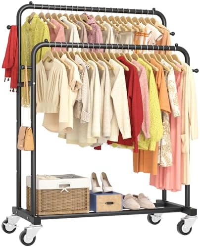 Laiensia Double Rods Garment Rack with Wheels, Clothing Rack for Hanging Clothes,4 Hooks, Multi-functional Bedroom Clothes Rack, Black by Laiensia