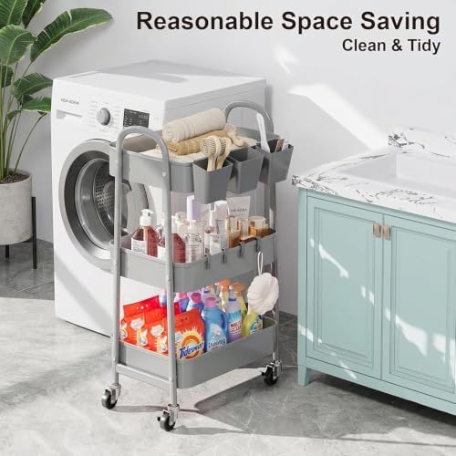 3 Tier Gray Metal Rolling Cart, Three Tiered Storage Dorm Carts with Wheels - Image 2