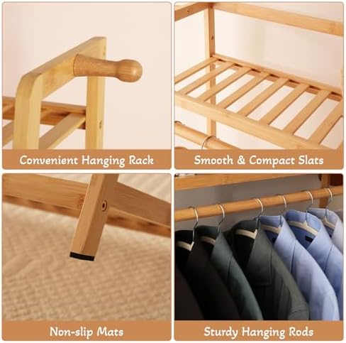 Baveke Standing Clothes Rack with Shelves, Free Standing Closet Garment Racks for Hanging Clothes, 7 Shelf Bamboo Closet Organizer System, Heavy Duty Clothes Hanging Rack for Bedroom, Natural Wood - Image 5