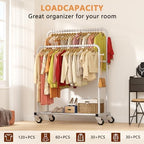 Laiensia Double Rods Garment Rack with Wheels, Clothing Rack for Hanging Clothes,4 Hooks, Multi-functional Bedroom Clothes Rack, White - Image 2