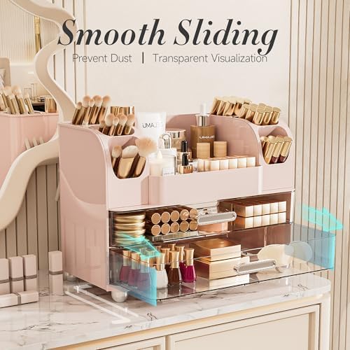 Delamu Large Makeup Organizer Countertop with 6 Brush Holders, Pink - Image 3