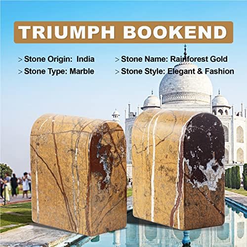 Koville Indian Natural Marble Bookends for Shelves, Book Ends for Heavy Books, 13LBS Ultra Heavy Duty Book Holders, Triumphal Arch Bookends Bookshelf Decor for Movies/CDs/Video Games(Rainforest Gold) - Image 2