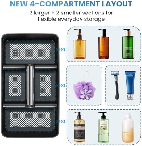 BYUNER 2Pack Plastic Shower Caddy: Portable Hard Bathroom Basket Tote with Handle, 4 Divided Compartments, All-Side Drainage, Non-Mesh Shower & Cleaning Caddy Organizer for College Dorm, Black/Silver - Image 6