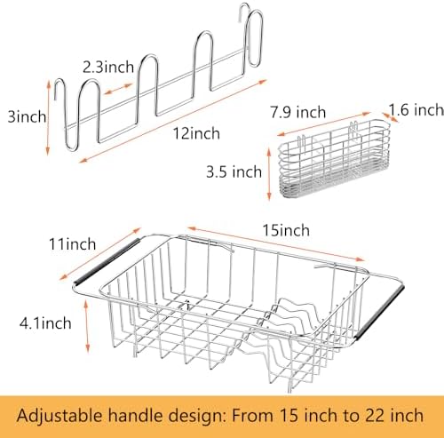NiuYichee Stainless Steel Dish Drying Rack (15" L X 11" W X 4.1" H), Expandable Drain Rack Over Sink, Dish Drainer Rack in Sink, with Utensil Holder & 4 Hooks Cup Hanger - Image 4