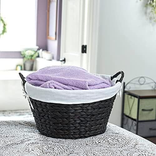 Household Essentials Round Wicker Laundry Basket with Handwoven Water Hyacinth, Metal Frame Support, and Removable Polyester Liner, Brown Finish and White - Image 3