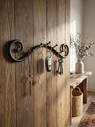 Farmhouse Wrought Iron Wall Mounted Key Holder – Handcrafted Swirl Decorative Design | Heavy Duty 5 Hook Entryway Organizer Rack for Keys, Coats, Hats, Bags & Dog Leash (Swirly Black) - Image 5