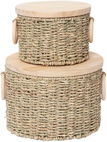 Woven Seagrass Storage Basket Set of 2 with Lids by QingtuHome