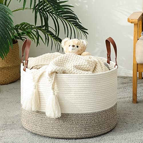 KAKAMAY Large Blanket Basket (20"x13"),Woven Baskets for storage Baby Laundry Hamper,Cotton Rope Blanket Basket for Living Room, Laundry, Nursery, Pillows, Baby Toy chest (White/Beige) - Image 3