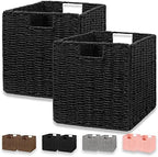 Vagusicc Wicker Storage Basket, Set of 2 Hand-Woven Wicker Basket, Foldable Cube Storage Bin, Black Storage Basket, Square Storage Baskets for Organizing Shelves & Decor, Black (11″×11″×11″) by Vagusicc