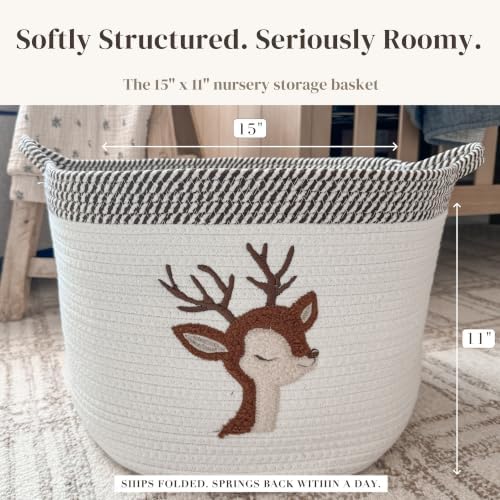 Deer Baby Storage Basket, Woven Cotton Rope Nursery Bin, 15x11 in - Image 2