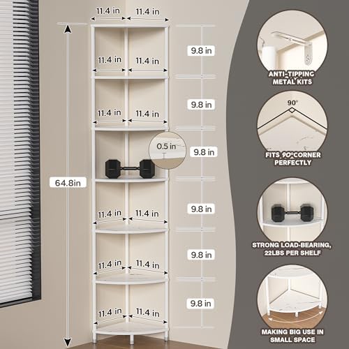 7 Tier Corner Shelf Stand, 64.7", Marble White - Image 6