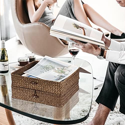 Hipiwe 2 Packs FLat Woven Wicker Basket Bin with Lid, Large Seagrass Baskes - Image 5