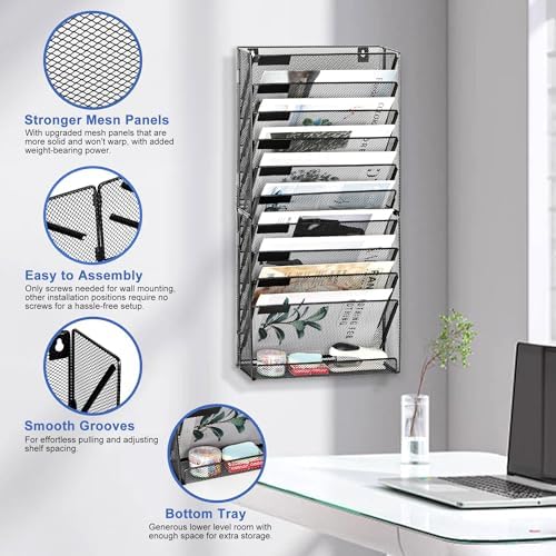 EasyPAG Wall File Holder 10 Tier Mesh Hanging Folder Organizer with Flat Tray Wall Mounted Mail Organizer Magazine Paper Desk Shelf with Nametag Label for Office Home School, Black - Image 2