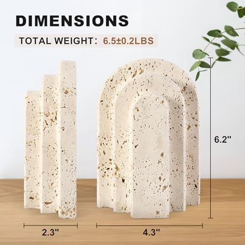 Natural Marble Book Ends - Heavy Duty Bookends for Shelves - Aesthetic Layered Arch Design Stone Book Holders, Unique Modern Office Bookshelf Stopper Decor for Books/CDs(Travertino Turkey) - Image 2