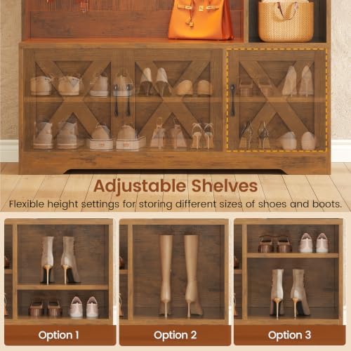 Itaar Hall Tree with Bench and Shoe Storage, Farmhouse Entryway Bench with Coat Rack, Shoe Cabinet with Adjustable Shelves, 6 Storage Cubbies, 10 Coat Hooks, Storage Bag, Led Lights, Rustic Brown - Image 5