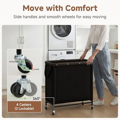 StorageWorks 3 Section Laundry Hamper, 120L Black Sorter Cart with Wheels - Image 2