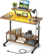 Height Adjustable Standing Desk with Power Outlets and LED Lights - 32" Manual Stand Up Desk with Monitor Stand and Storage Shelves Small Mobile Rolling Computer Desk Portable Laptop Table, Rustic by Besiost
