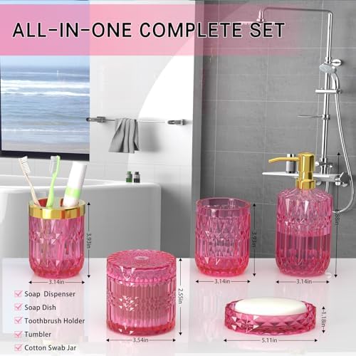 Hot-Pink Glass Bathroom Accessories Set 5 Pcs, Hot-Pink Bathroom Set, Soap Dispenser and Toothbrush Holder Set, Qtip Holder Set, Vintage Bathroom Sink Set, Cute Bathroom Decor - Image 6